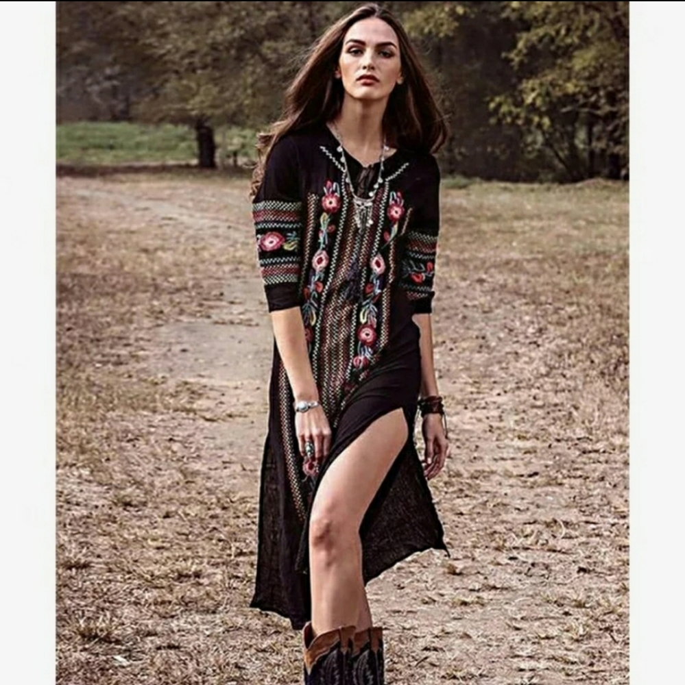 Embroidered midi tie neck dress one size - Picture 3 of 12